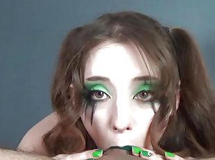 Big Titty Goth Bitch with GREEN Lipstick &amp; Makeup Gets Cum Shot Directly Into Her Stomach!