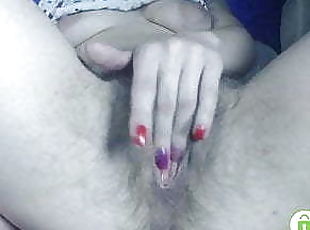 Two fingers inside hairy pussy close up 