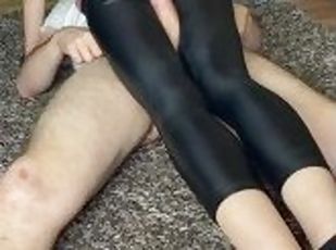 Shiny Leather Leggings Posing Thigh Job Handjob and Cum