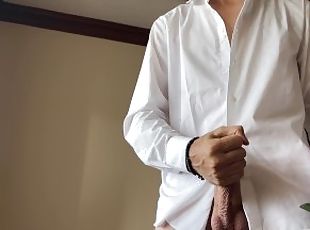 Romantic Jerk Off with Red Rose in a White Shirt