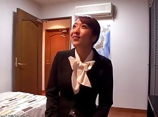 Japanese office lady in tights meets her new boss