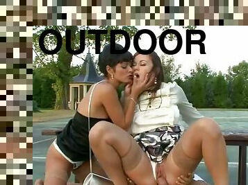 Three freaks having hardcore sex outdoors