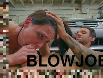 Tattooed mechanic makes hottie shut up so he could fuck her