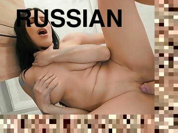 Russian slut Kira Queen pleasures lucky dude in the bathroom