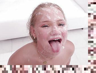 avsugning, cumshot, blandade-raser, deepthroat, gruppknull, svart, smutsig, ansiktssprut, blond, bukkake