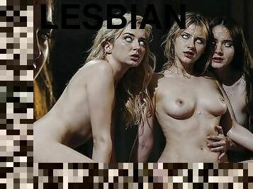 orgie, chatte-pussy, lesbienne, rousse, baisers, blonde, quatuor, humide, sauvage