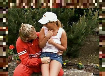 Naughty blonde teen seduces gardener and gets banged hard outdoors