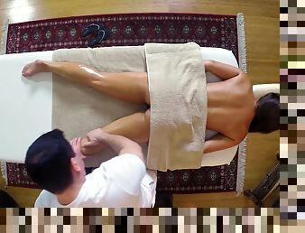 Tanned skinny teen gave masseur a blowjob