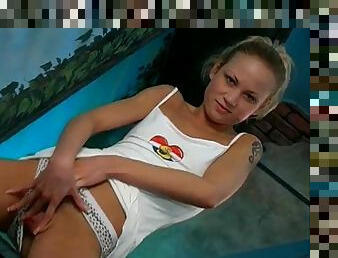 Hot blonde teen shows off her body on camera and gets off