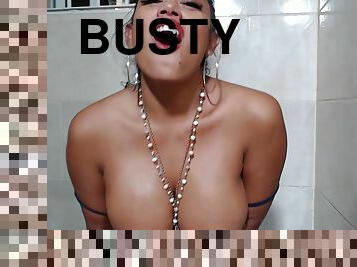 busty Latina masturbating solo in shower with massive dildo toy