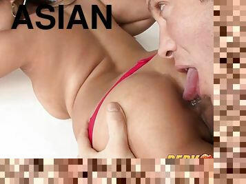 Little asian whore gets a big fat meat surprise