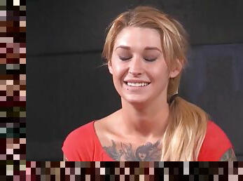 Tattooed blonde teen deepthroating in hard way