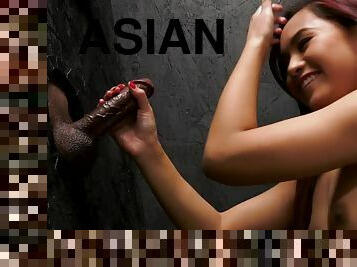 Asian Girl Uses Gloryhole Big Black Dick