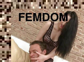 Female dom rides and jerks restrained guy