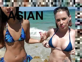 asian, alat-kelamin-wanita, menghisap-zakar, orang-latina, merangkap, rambut-kuning, bikini, wang