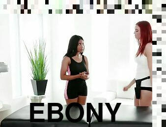 Ebony babe jenna massaged and fucked by her busty trainer