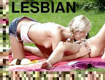 Affectionate 18-23 teen lesbian with medium ass getting her pussy licked outdoor