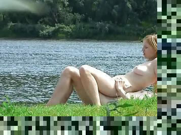 nudist, utomhus, avsugning, kamera, voyeur, kyssar, blond, naturlig, ritt, gömd