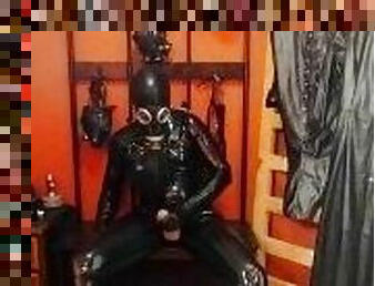 Rubber slave gasmask sack breathplay cum