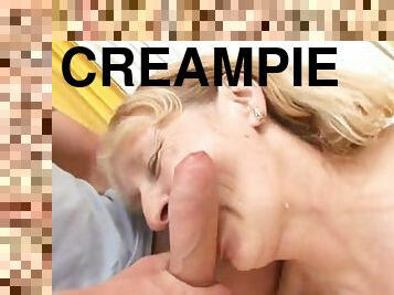 A warm creampie for a blonde granny