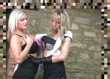 Blondes big tits put sexy leather gloves fondling big tits