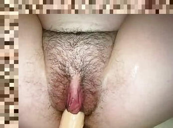 Hairy teen cums on her dildo