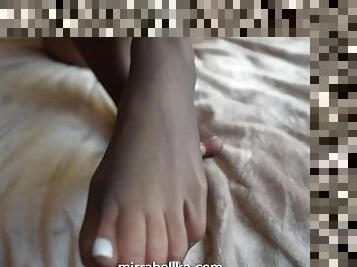 Foot fetish teasing naked in black pantyhose