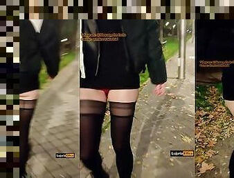 Girl with long legs, walking sexy down the street in public. Whore Wife exhibitionist in stockings