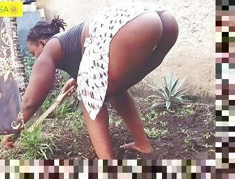 African Village farmer: perfect ass ebony,thick thighs,gardening on camera