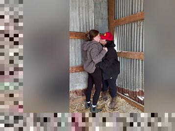 Sexy Lesbian Farmers Kiss And Touch Each Other In The Barn