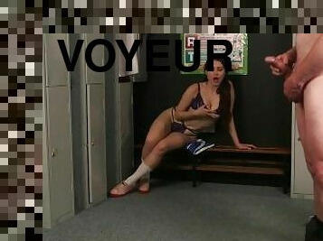 Cheerleader voyeur tease man in locker room till cumshot