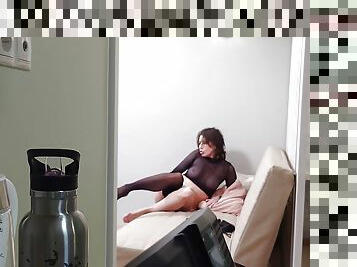 Behind The Scenes Of Sexy Brunette In Seamless Black Pantyhose Filming