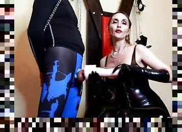 BDSM Goddess Mistress Eva Latex Play with a Slave Femdom CBT Toys Domina Leggins Gloves Heels Sexy