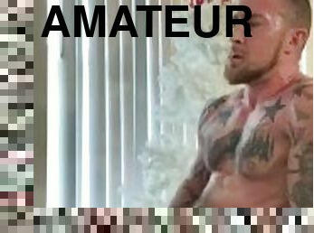Hot muscular tattooed guy solo masturbation