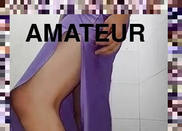 Masturbating in a long purple spandex dress