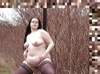 Ugly fat slut walking naked on a public road