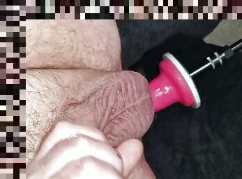 Cumshot while getting machine fucked and wanking my tiny cock.
