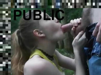 Naughty brunette teen gets cum on her face in public by big dick man