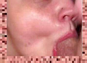 Wife gives quick deep throat blowjob and I cum all over her face