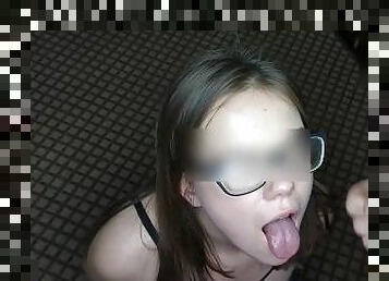 Huge cumshot on pretty russian student face with glasses