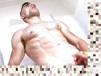 Handsome fitness coach made his 1rst porn where he gets sucked in a shower.