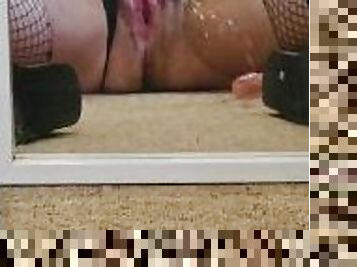 Horny goth pisses all over the carpet
