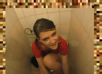 21 year old amateur girl in public fucked POV in the bathroom after a casting