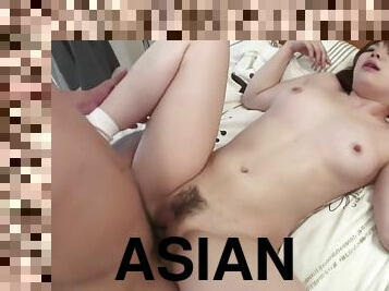 asiatisk, hårig, hembiträde, japansk, deepthroat, creampie, pov, underkläder, fetisch, brunett