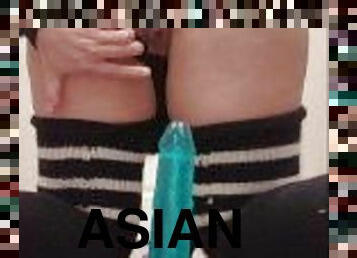 asiatisk, masturbation, fitta-pussy, fingerknull, tight, ritt, dildo