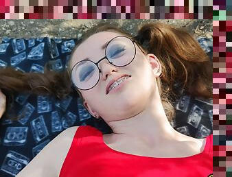 Cute Schoolgirl With Glasses Gives Blowjob And Sex On The Old Road To Get Of Cum On Fa