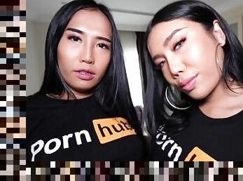 Two Asian shemale teens get together for a PornHub special threesome