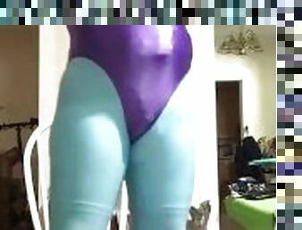 New skyblue spandex & Leohex purple shirt masturbating and spanking tease