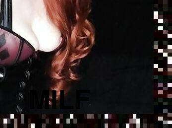 Submissive redhead milf gives Dom sloppy hands free head while bouncing on a dildo