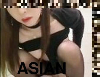Super sissy Asian teen Ladyboy public exposure cock and pissing on the toilet